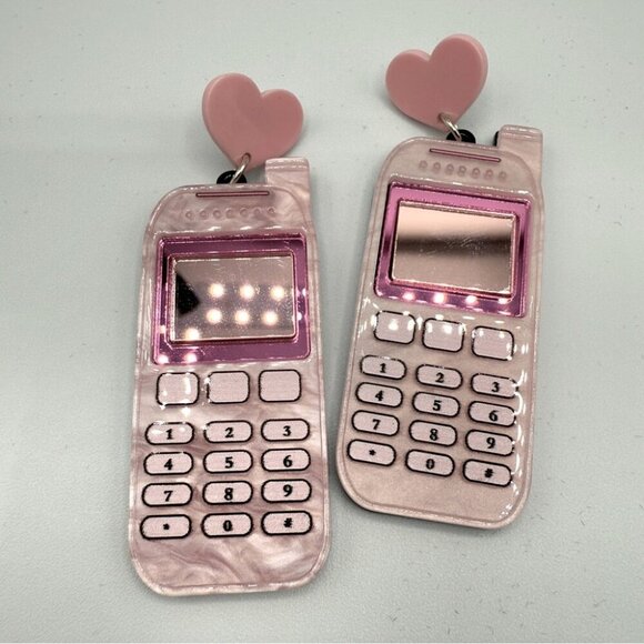 Pink Heart Cell Phone Acrylic Pierced Earrings - Picture 1 of 9